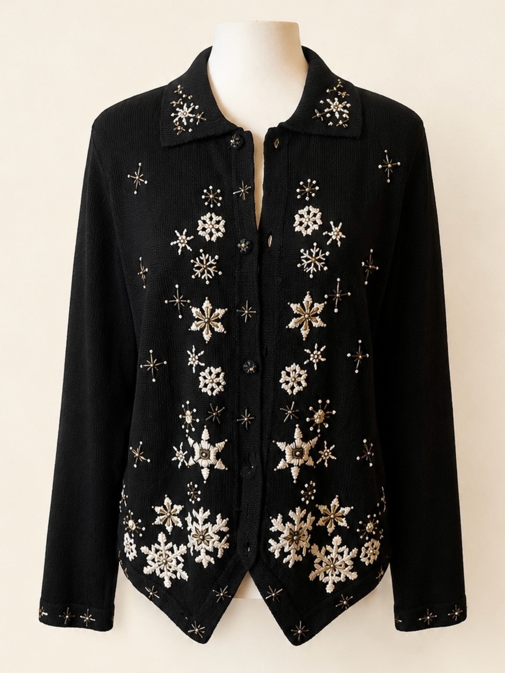 Vintage Black Beaded Snowflake Cardigan • Pearl & Gold Embroidery • M